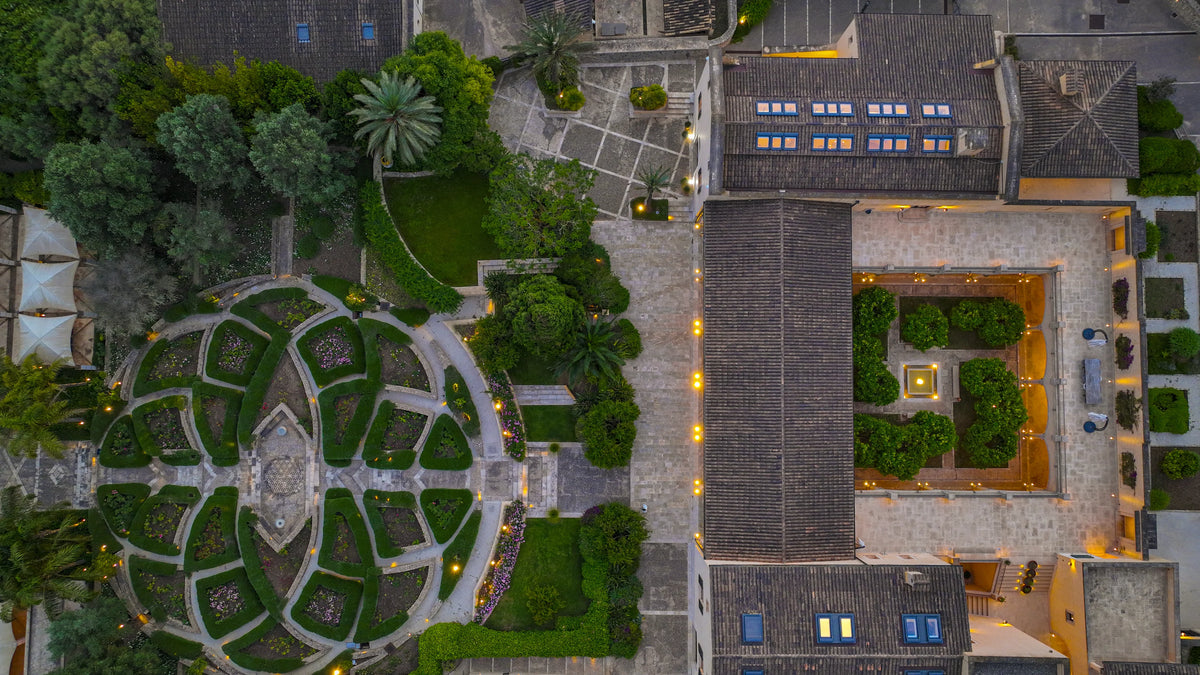 View from above of the knot garden and cloister of the Main House
