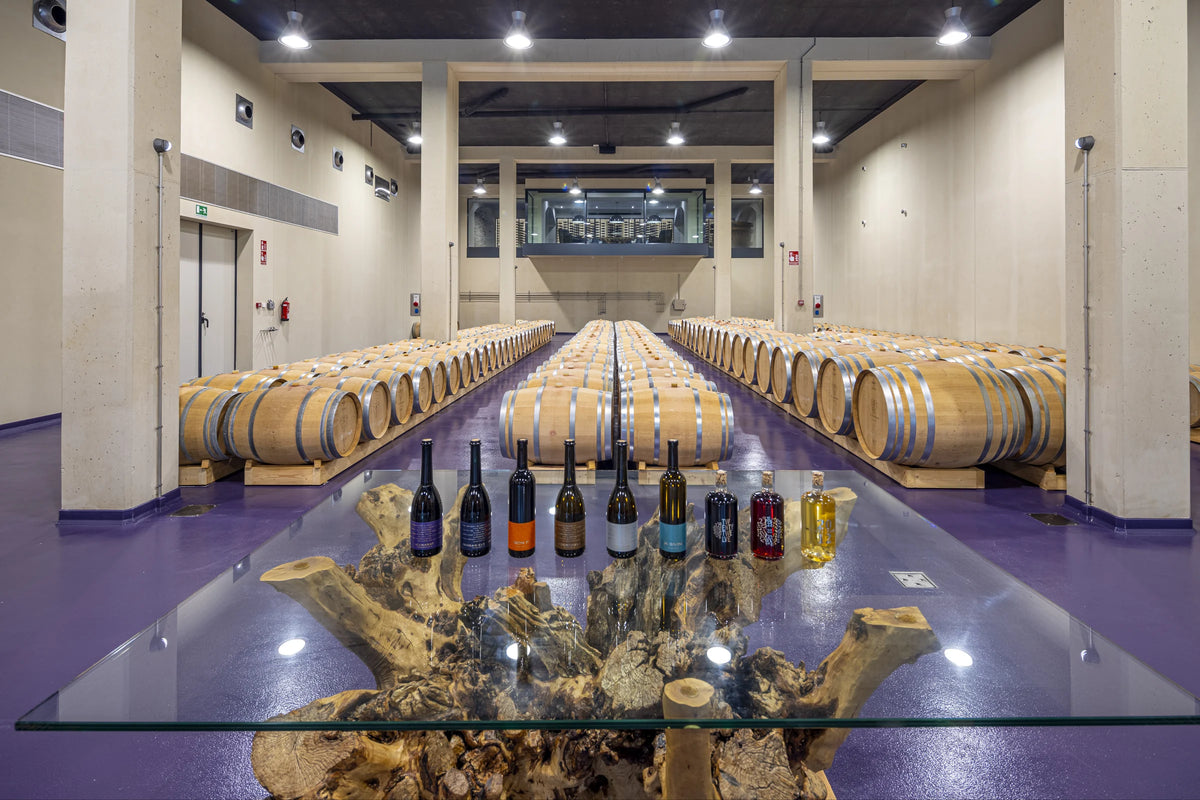 Barrel cellar with Es Fangar wines on an olive wood table