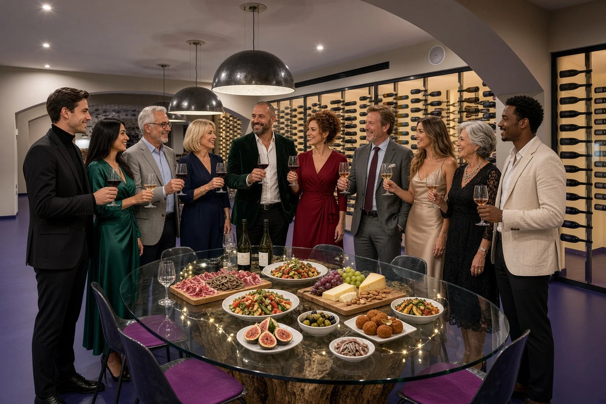 Invitados brindando con vinos de Es Fangar alrededor de la mesa de cristal de la bodega, con una selección de tapas mallorquinas