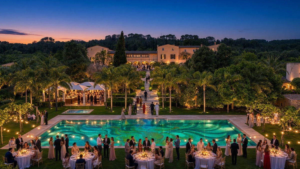 Recepción al anochecer en la Casa Principal: invitados en mesas con velas y alrededor de la piscina de mosaico iluminada, con los jardines y la casa al fondo