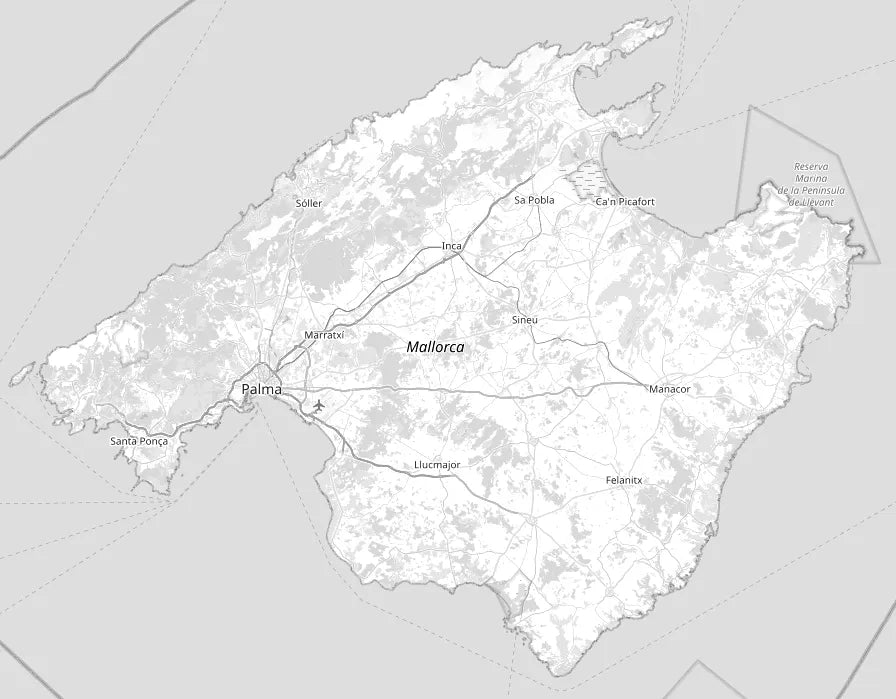 Map of Mallorca showing Es Fangar in the southeast of the island, between Felanitx and Manacor