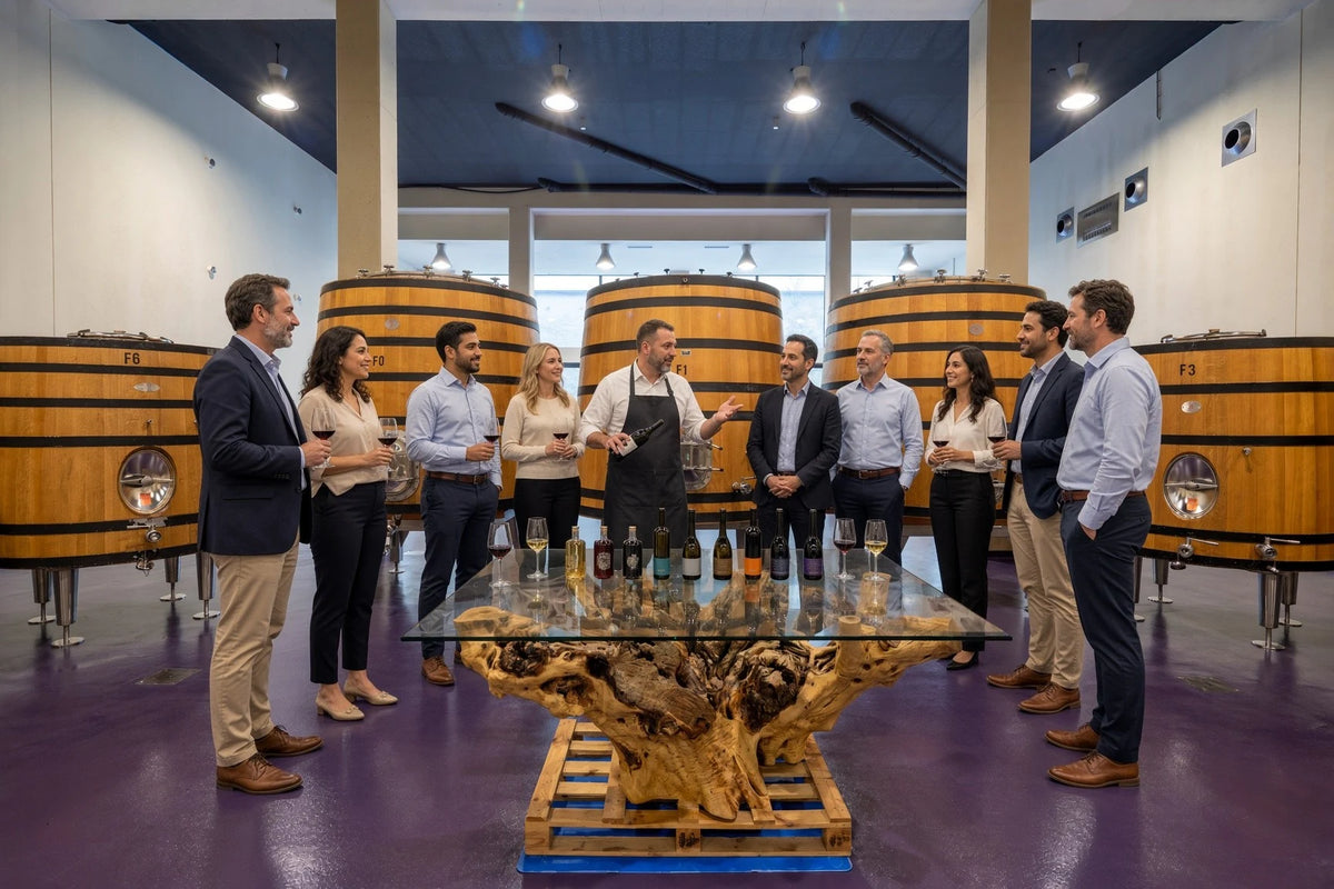 Un sumiller presenta los vinos de Es Fangar a un grupo de empresa entre los grandes tinos de roble de la bodega